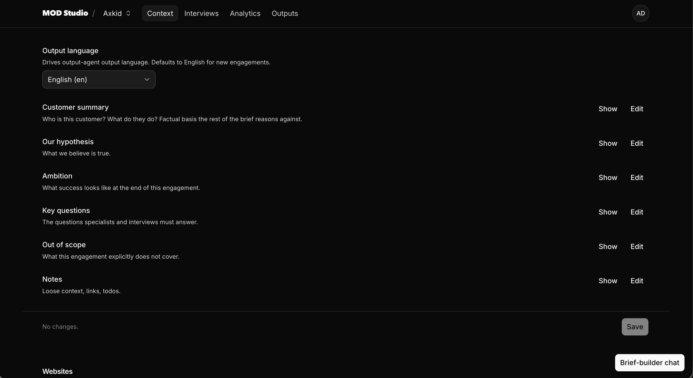 The Lea interface showing the context for a client engagement